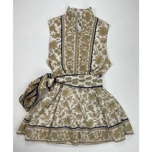 Sue Sartor Flounce Mini Dress Chino Navy Lily Floral Print Sash Tie Belt Large